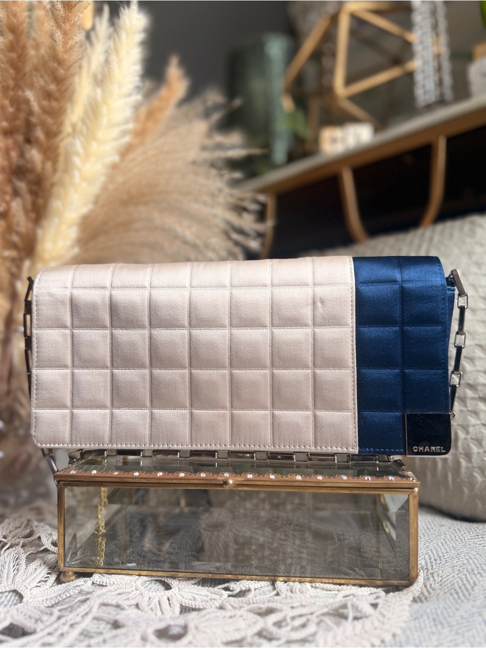 CHANEL Chocolate Bar Satin Two-Tone Quilted Shoulder Bag in Cream and Navy